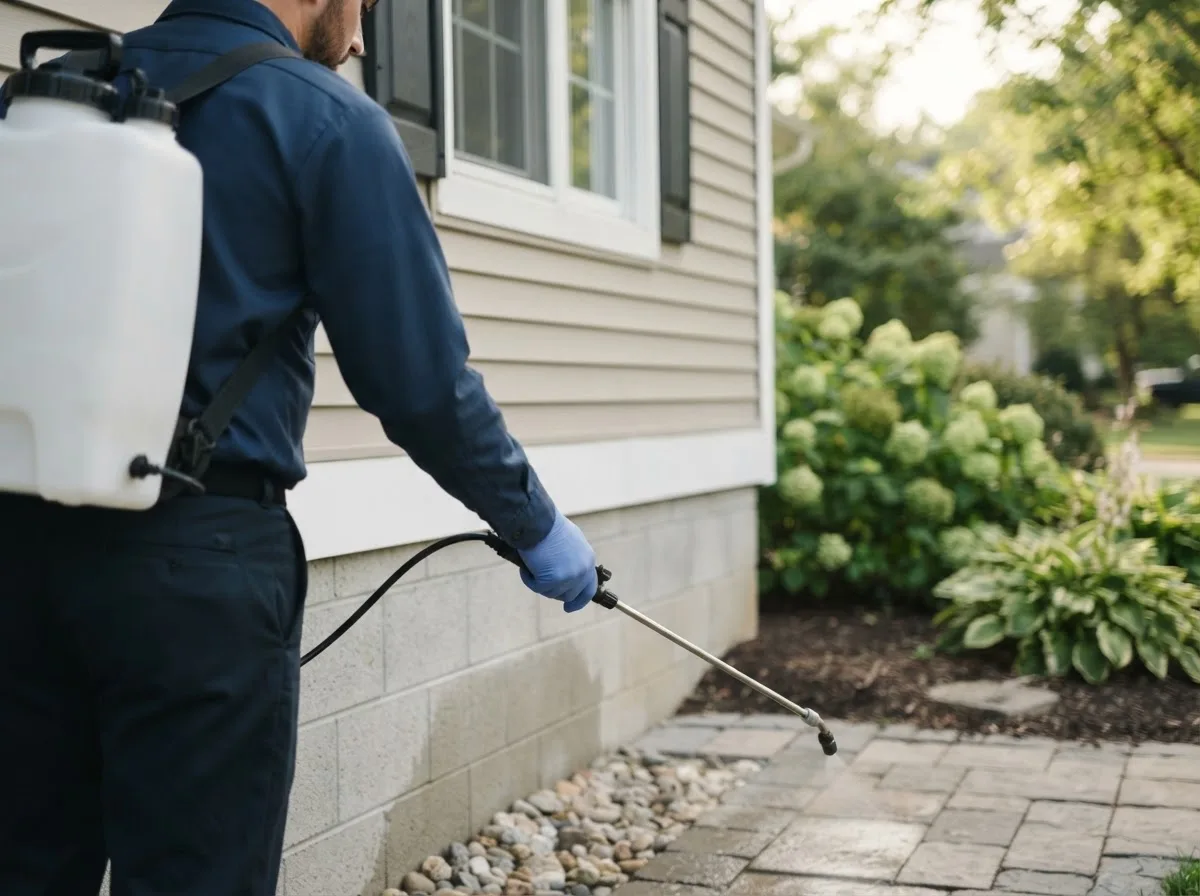 Pest control technician inspecting a home in Dewey, IL